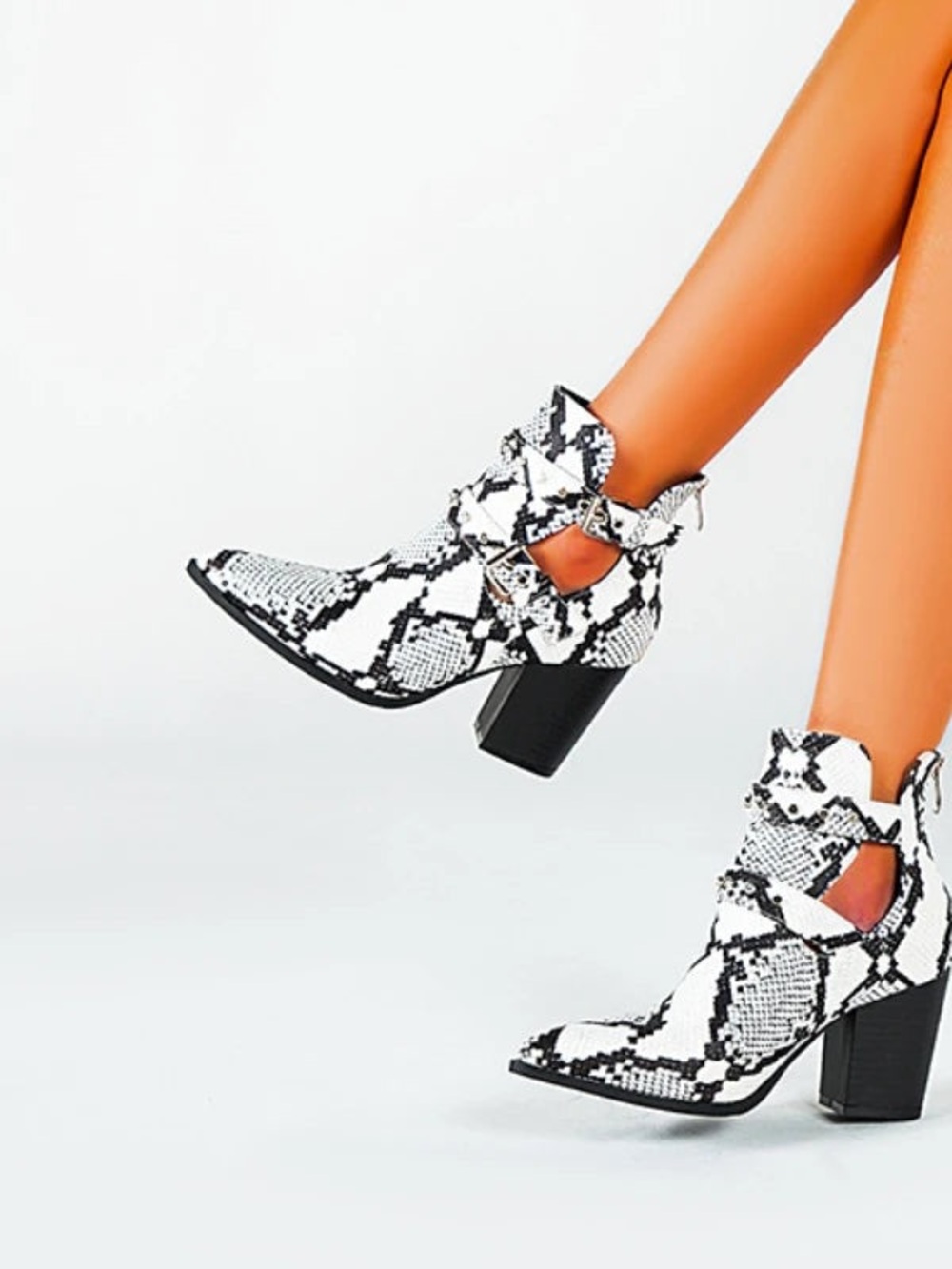 Women's Snake-Print Cutout Ankle Boots in Black & White